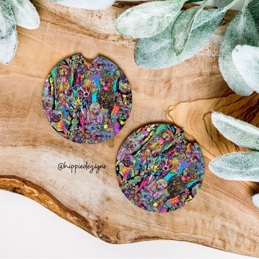 Tie Dye Dogs Car Coaster Set |  Dog Coaster Set | Dog Car Accessories
